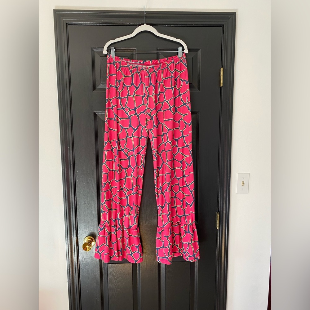 Lolly Wolly Doodle Pink and Black Patterned Ruffle Hem Pants
